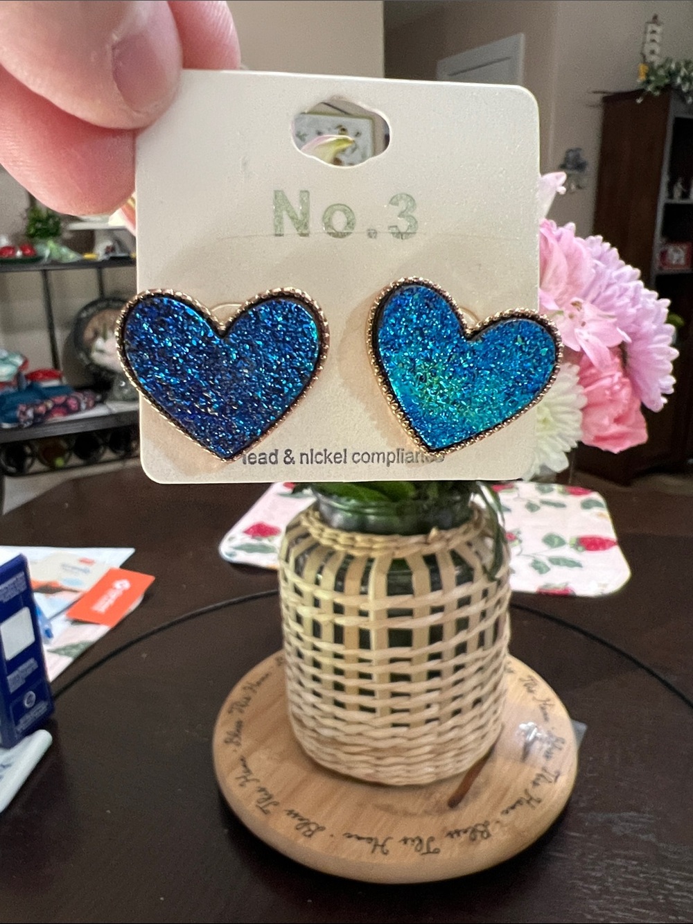 New No. 3 Blue Glitter Heart Stud Earrings
